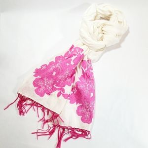 White Scarf w/Pink Floral Pattern